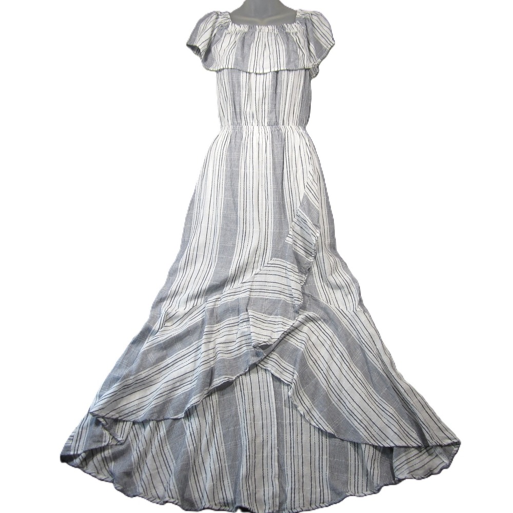 Express Ruffle Maxi Dress S White Blue-Gray Striped Off Shoulder Boho Cottage